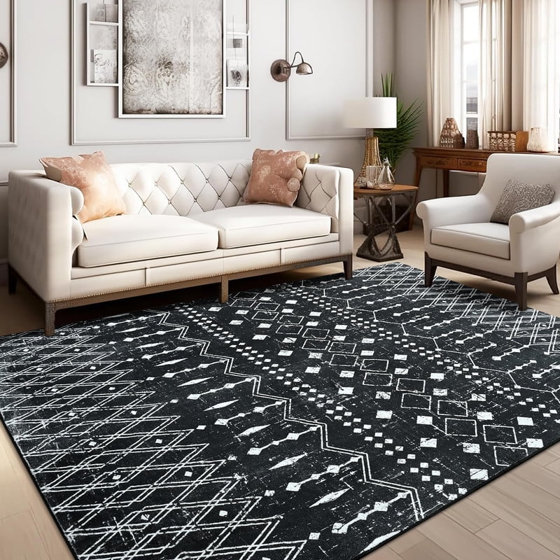 Jamfeel Area Rugs Vintage Geometric Printed Washable Rug Comfy Soft Non Slip Low Pile Carpet for Living Room, Kitchen, Office 6'x9' Black
