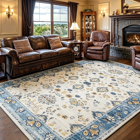 Jamfeel Area Rugs for Bedroom Floral Printed Ultra-Thin Low Pile Washable Rug for Living Room 4'x6' Beige and Blue