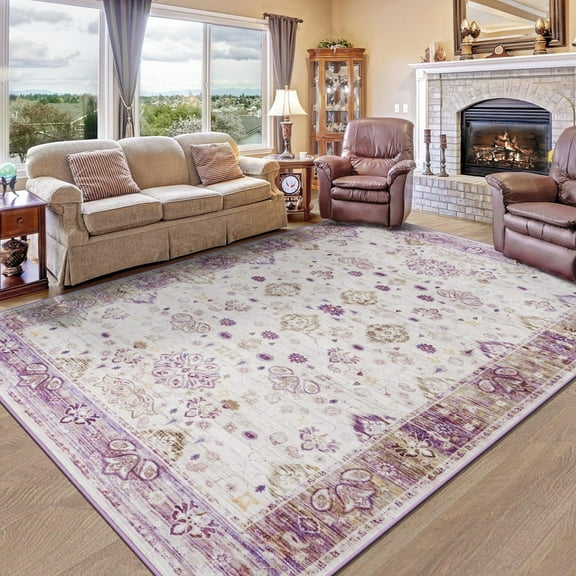 Jamfeel Area Rugs for Bedroom Floral Printed Ultra-Thin Low Pile Washable Rug for Living Room 4'x6' Purple and Yellow