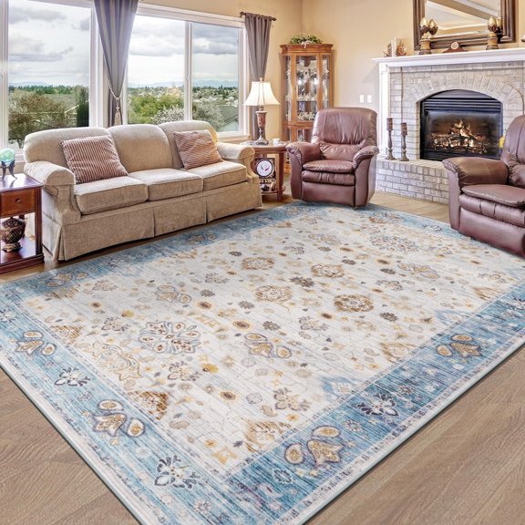 Jamfeel Area Rugs for Bedroom Floral Printed Ultra-Thin Low Pile Washable Rug for Living Room 5'x8' Beige and Blue