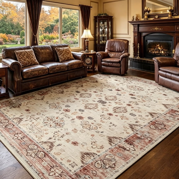 Jamfeel Area Rugs for Bedroom Floral Printed Ultra-Thin Low Pile Washable Rug for Living Room 6'x9' Light Red