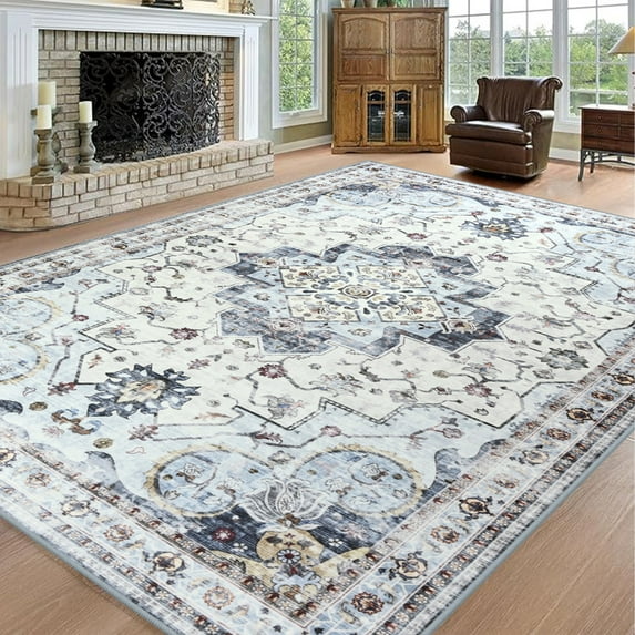 Jamfeel Area Rugs for Living Room Classic Vintage Print Washable Rug Low Pile Carpet for Bedroom Dining Room, 4'x6', Blue
