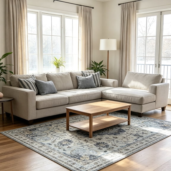Jamfeel Area Rugs for Living Room Classic Vintage Print Washable Rug Low Pile Carpet for Bedroom Dining Room, 4'x6', Blue