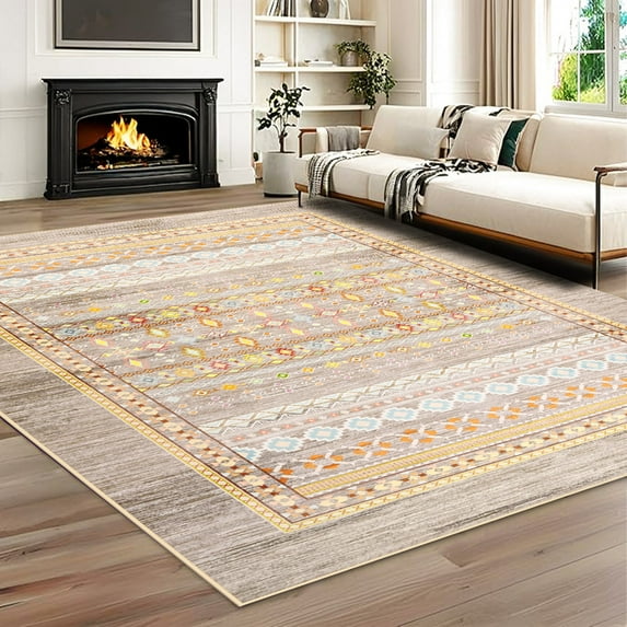 Jamfeel Boho Area Rugs for Living Room Low Pile Vintage Printed Carpet Washable Rug for Kitchen Bedroom Dining Room 4'x6' Yellow