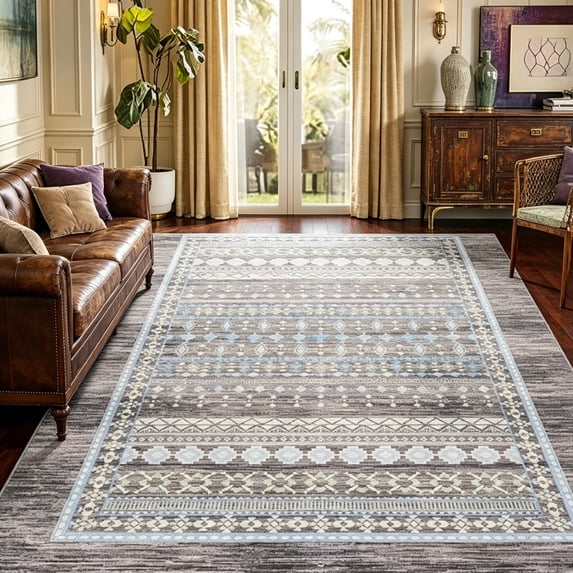 Jamfeel Boho Area Rugs for Living Room Low Pile Vintage Printed Carpet Washable Rug for Kitchen Bedroom Dining Room 5'x8' Gray and Blue