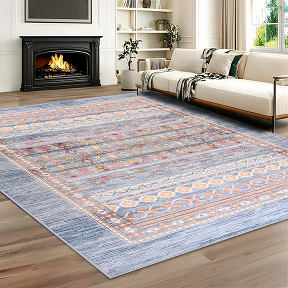 Jamfeel Boho Area Rugs for Living Room Low Pile Vintage Printed Carpet Washable Rug for Kitchen Bedroom Dining Room 6'x9' Blue
