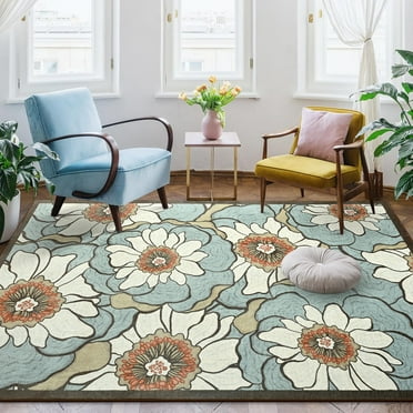 Jamfeel Boho Floral Area Rugs Low Pile Non-slip Carpet Vintage Print Rugs for Living Room Bedroom Home Decor 8'x10' Blue