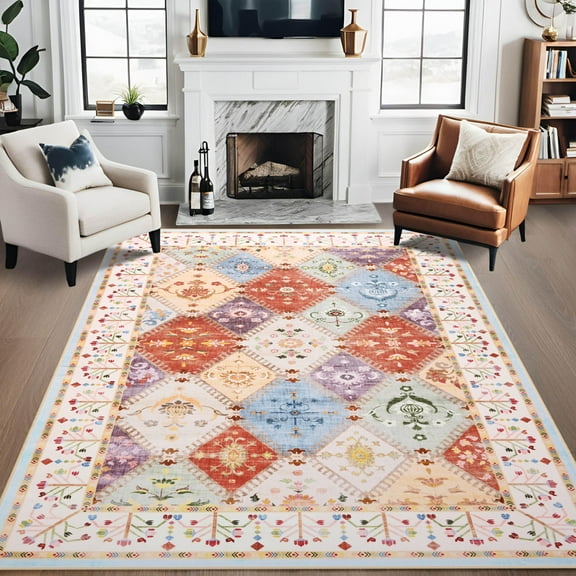 Jamfeel Boho Rugs for Living Room Floral Printed Area Rugs Soft Low Pile Carpet for Bedroom Kitchen Beige 6'x9'