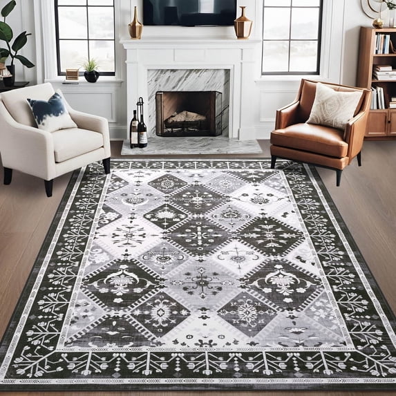 Jamfeel Boho Rugs for Living Room Floral Printed Area Rugs Soft Low Pile Carpet for Bedroom Kitchen Black and Gray 6'x9'