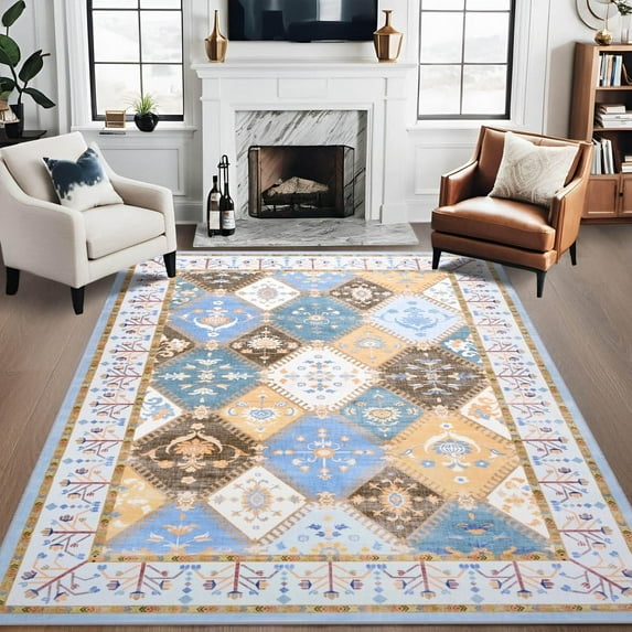 Jamfeel Boho Rugs for Living Room Floral Printed Area Rugs Soft Low Pile Carpet for Bedroom Kitchen Blue 6'x9'