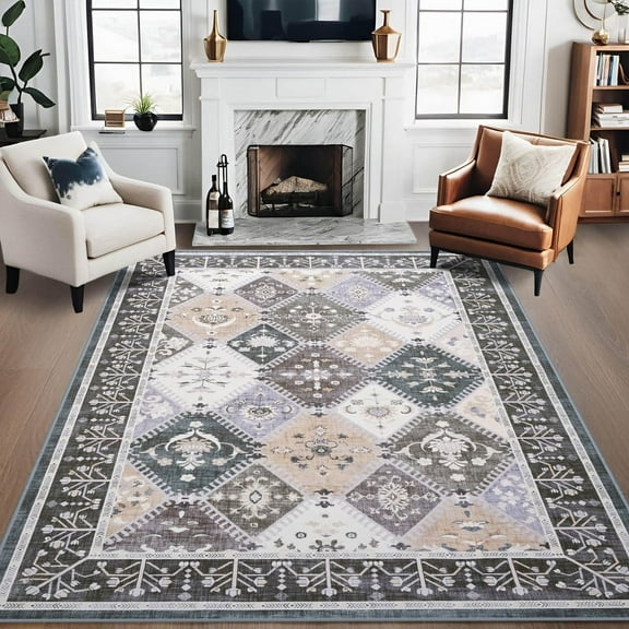 Jamfeel Boho Rugs for Living Room Floral Printed Area Rugs Soft Low Pile Carpet for Bedroom Kitchen Blue and Gray 4'x6'