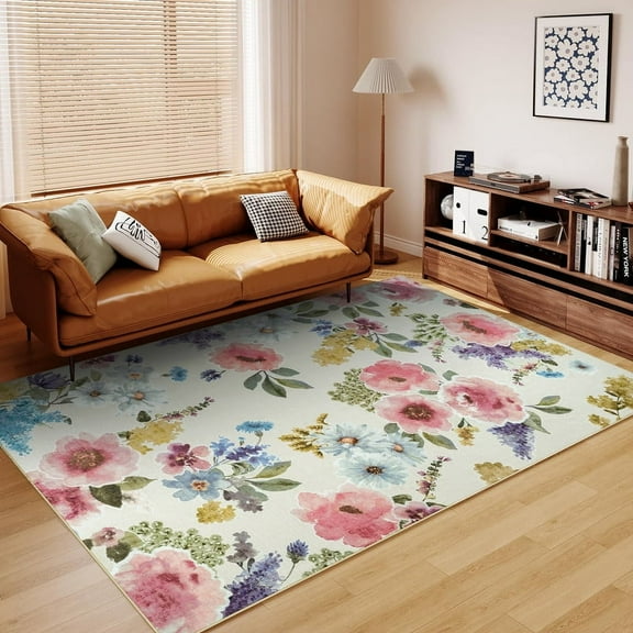 Jamfeel Floral Living Room Rugs Soft Low Pile Non-slip Boho Print Floor Carpets Washable Rug for Bedroom Dining Room 5'x8' Beige
