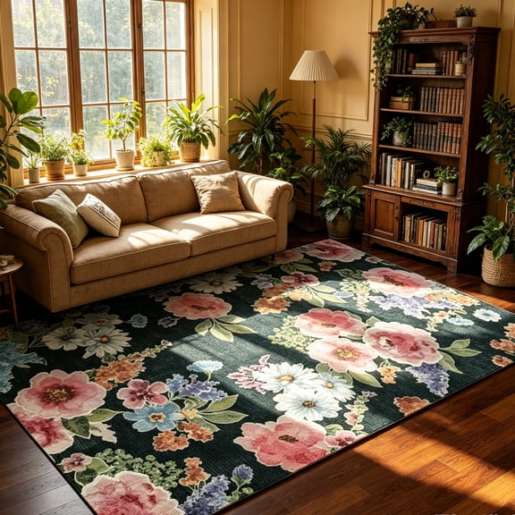 Jamfeel Floral Living Room Rugs Soft Low Pile Non-slip Boho Print Floor Carpets Washable Rug for Bedroom Dining Room 8'x10' Black