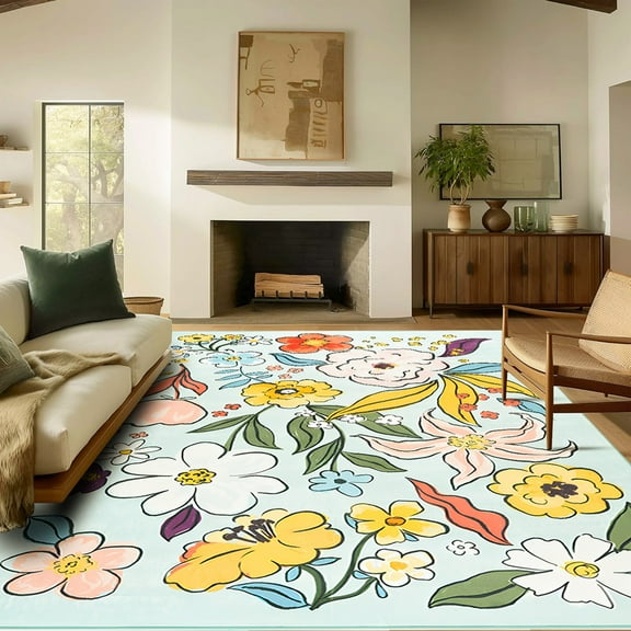 Jamfeel Floral Print Area Rug Ultra-Thin Indoor Carpet Low Pile Non Slip Washable Rugs for Living Room, Bedroom, 4'x6' Green