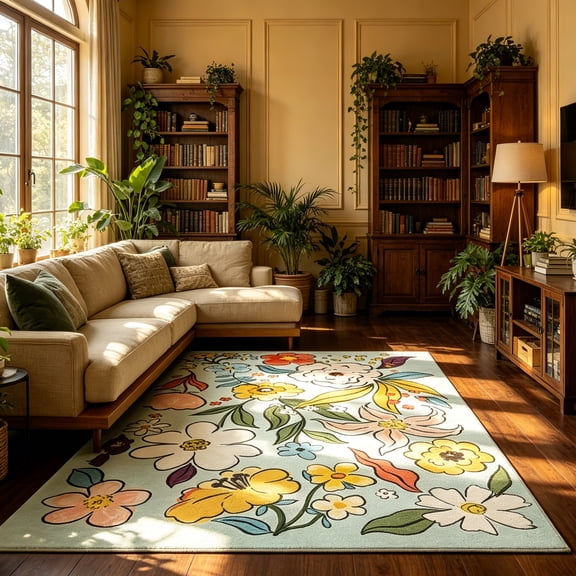 Jamfeel Floral Print Area Rug Ultra-Thin Indoor Carpet Low Pile Non Slip Washable Rugs for Living Room, Bedroom, 5'x8' Green