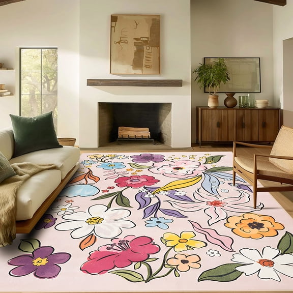 Jamfeel Floral Print Area Rug Ultra-Thin Indoor Carpet Low Pile Non Slip Washable Rugs for Living Room, Bedroom, 6'x9' Pink