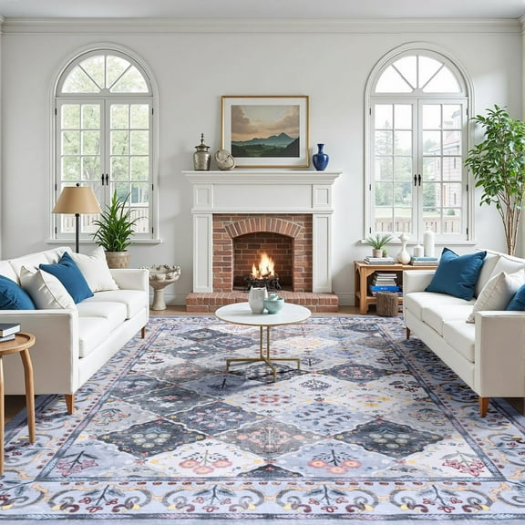 Jamfeel Modern Abstract Rugs for Living Room Retro Print Low Pile Washable Rug Non-slip Carpet Room Decor 4'x6' Blue