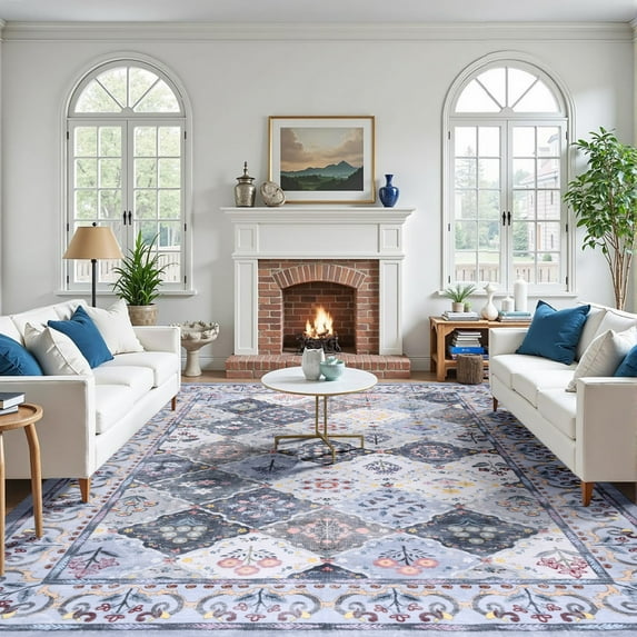 Jamfeel Modern Abstract Rugs for Living Room Retro Print Low Pile Washable Rug Non-slip Carpet Room Decor 6'x9' Blue