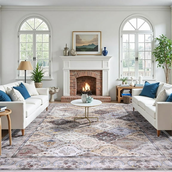 Jamfeel Modern Abstract Rugs for Living Room Retro Print Low Pile Washable Rug Non-slip Carpet Room Decor 6'x9' Brown