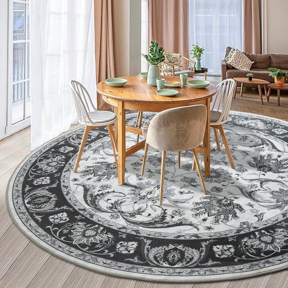 Jamfeel Round Rugs Vintage Print Low Pile Non-slip Circle Carpet Indoor Area Rug for Living Room Nursery, 5ft, Black and White