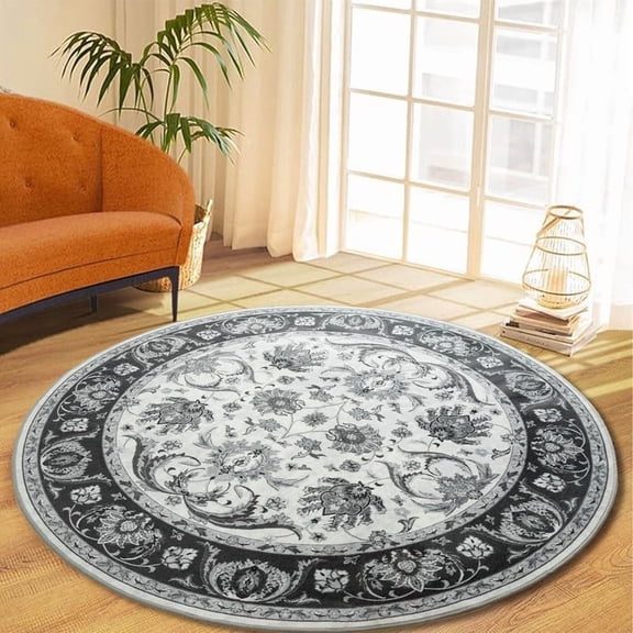 Jamfeel Round Rugs Vintage Print Low Pile Non-slip Circle Carpet Indoor Area Rug for Living Room Nursery, 6ft, Black and White