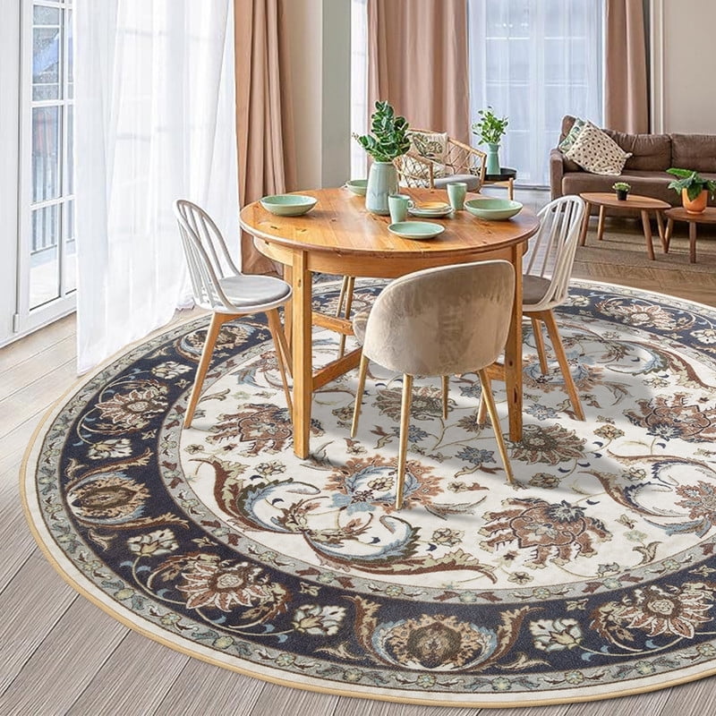 Jamfeel Round Rugs Vintage Print Low Pile Non-slip Circle Carpet Indoor Area Rug for Living Room Nursery, 6ft, Cyan