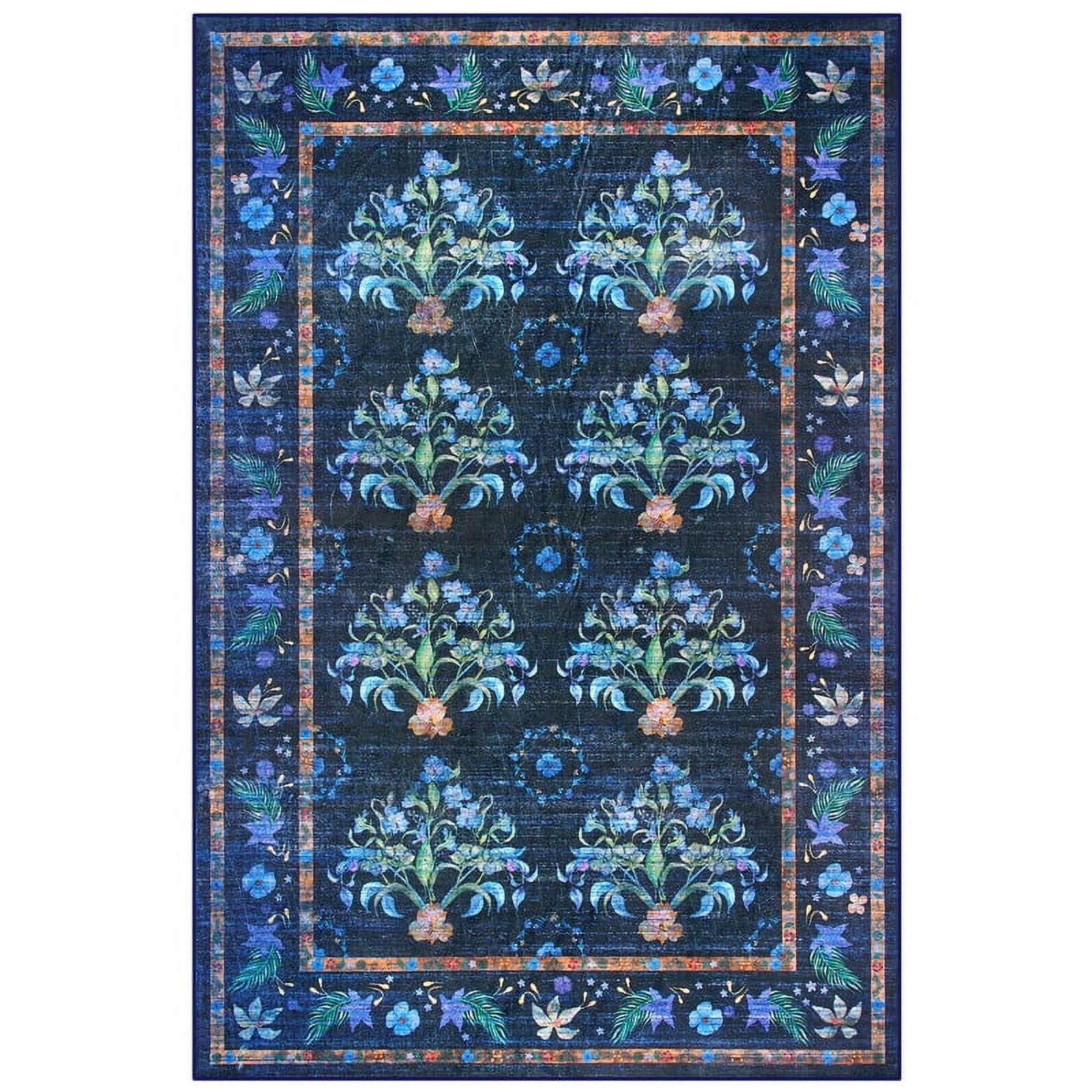Jamfeel Rugs for Living Room Classic Boho Floral Print Floor Carpets Soft Low Pile Non-slip Washable Area Rug 4'x6' Black