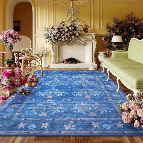 Jamfeel Rugs for Living Room Classic Boho Floral Print Floor Carpets Soft Low Pile Non-slip Washable Area Rug 5'x8' Light Blue