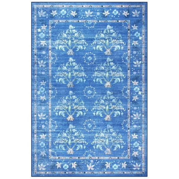 Jamfeel Rugs for Living Room Classic Boho Floral Print Floor Carpets Soft Low Pile Non-slip Washable Area Rug 4'x6' Light Blue