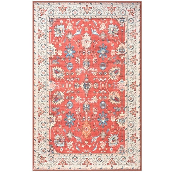 Jamfeel Rugs for Living Room Classic Boho Floral Print Floor Carpets Soft Low Pile Non-slip Washable Area Rug 4'x6' Red