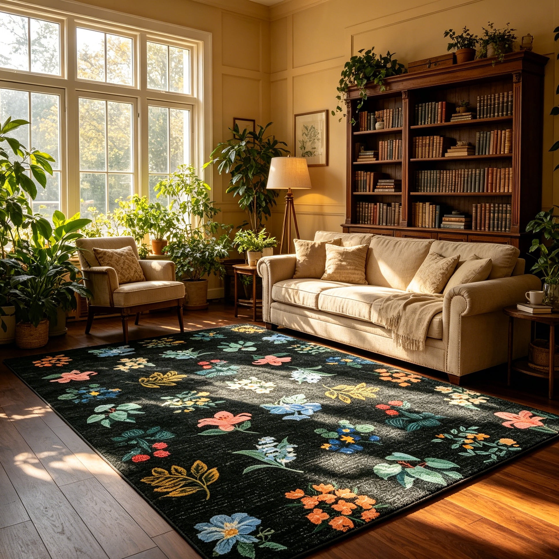 Jamfeel Rugs for Living Room Classic Boho Floral Print Floor Carpets Soft Low Pile Non-slip Washable Area Rug 5'x8' Blue