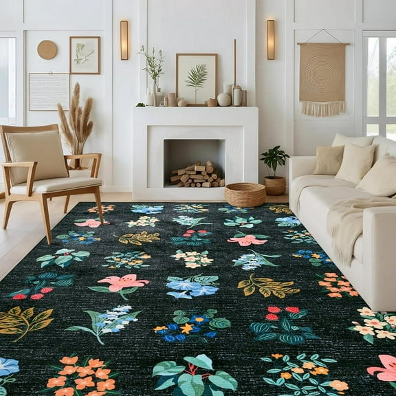 Jamfeel Rugs for Living Room Classic Boho Floral Print Floor Carpets Soft Low Pile Non-slip Washable Area Rug 5'x8' Blue