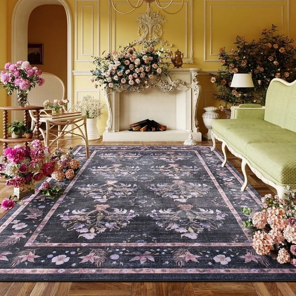 Jamfeel Rugs for Living Room Classic Boho Floral Print Floor Carpets Soft Low Pile Non-slip Washable Area Rug 5'x8' Brown