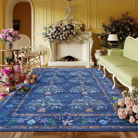 Jamfeel Rugs for Living Room Classic Boho Floral Print Floor Carpets Soft Low Pile Non-slip Washable Area Rug 5'x8' Navy Blue