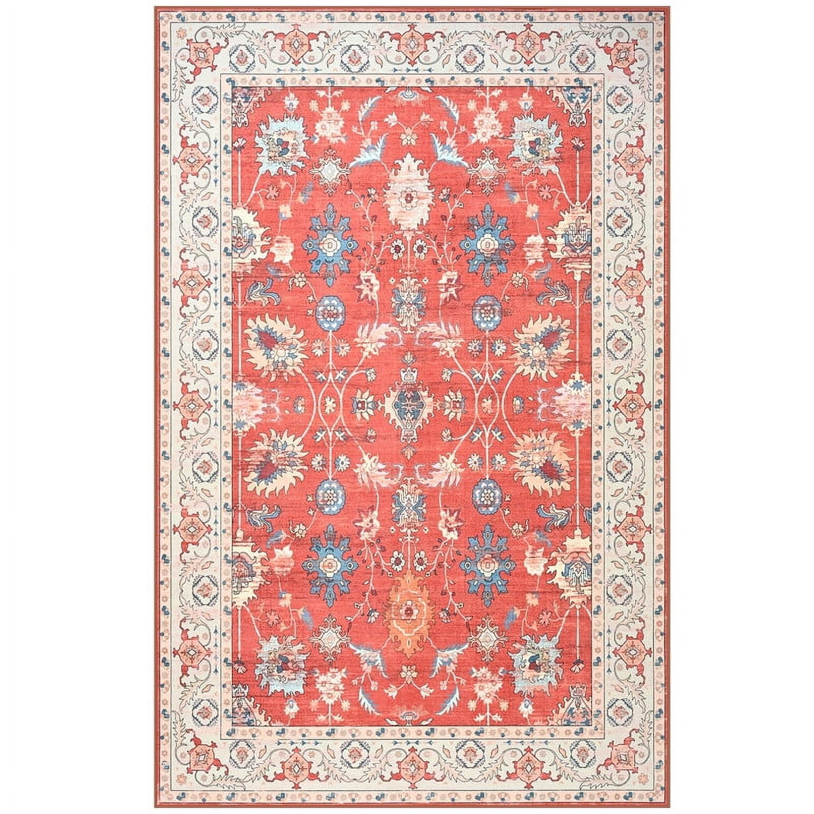 Jamfeel Rugs for Living Room Classic Boho Floral Print Floor Carpets Soft Low Pile Non-slip Washable Area Rug 5'x8' Red