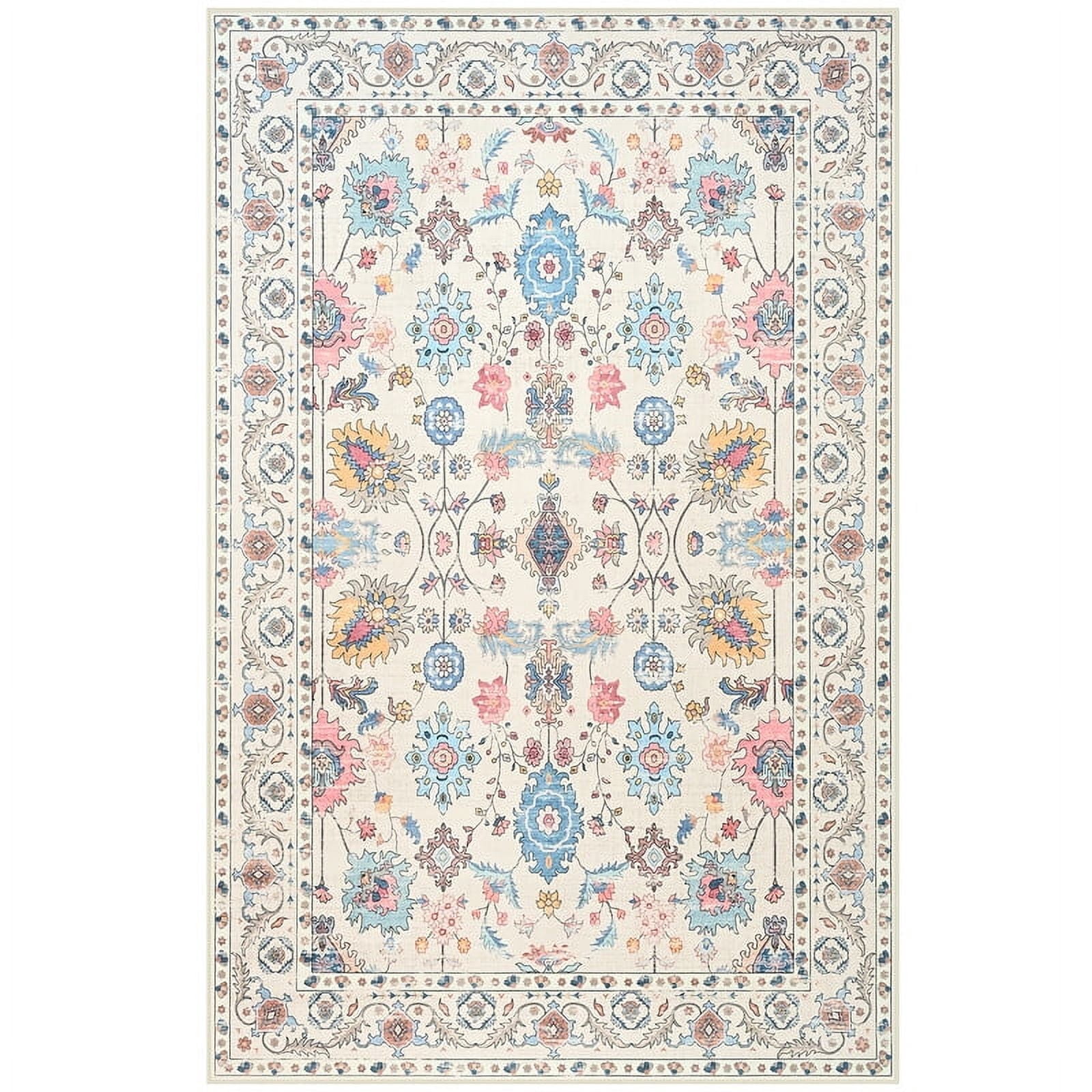 Jamfeel Rugs for Living Room Classic Boho Floral Print Floor Carpets Soft Low Pile Non-slip Washable Area Rug 6'x9' Beige