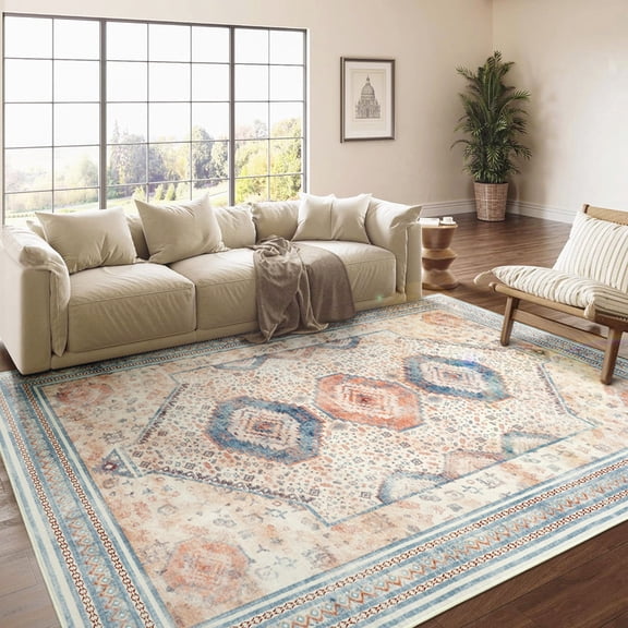 Jamfeel Rugs for Living Room Vintage Print Non-slip Low Pile Area Rug Ultra-Thin Soft Washble Carpets 4' X 6' Orange
