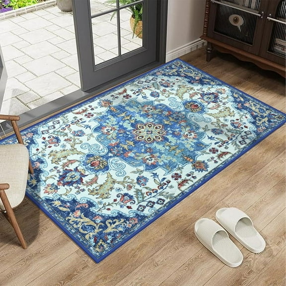 Jamfeel Small Area Rugs Floral Print Washable Doormat Non-slip Carpet for Entryway Kitchen Bedroom, 2'x3', Blue