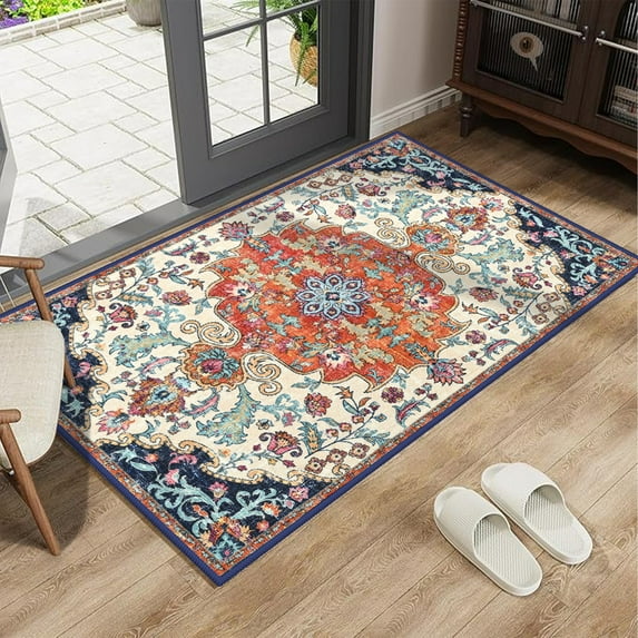 Jamfeel Small Area Rugs Floral Print Washable Doormat Non-slip Carpet for Entryway Kitchen Bedroom, 2'x3', Orange