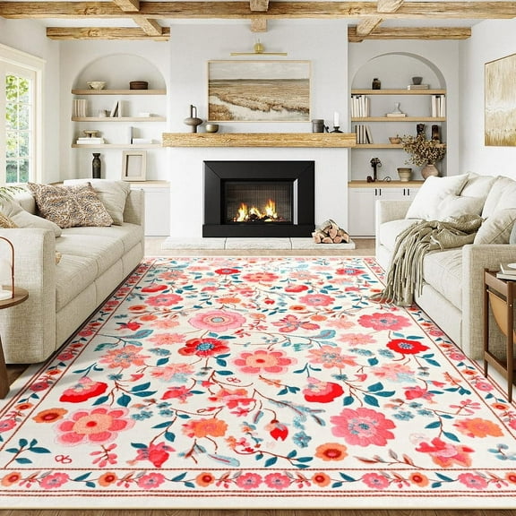 Jamfeel Soft Area Rugs for Living Room Non Slip Low Pile Floral Print Washable Rug for Indoor Home Decor 5'x8' Beige