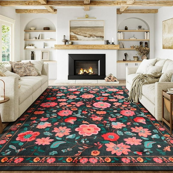 Jamfeel Soft Area Rugs for Living Room Non Slip Low Pile Floral Print Washable Rug for Indoor Home Decor 5'x8' Black