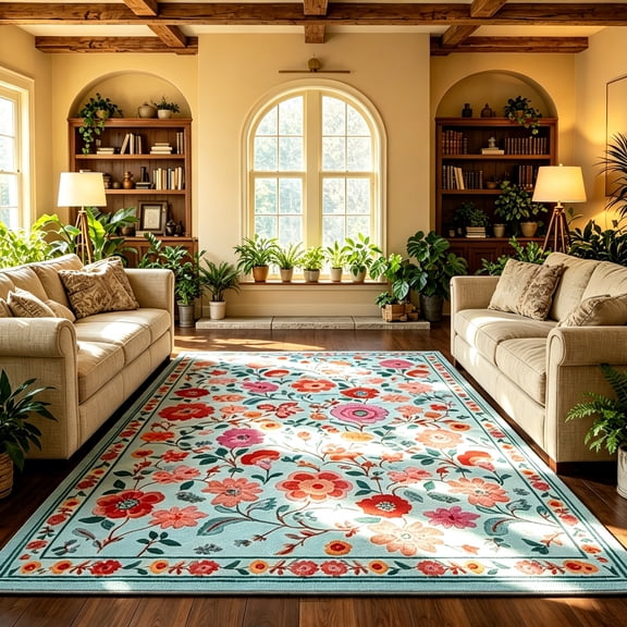 Jamfeel Soft Area Rugs for Living Room Non Slip Low Pile Floral Print Washable Rug for Indoor Home Decor 5'x8' Blue