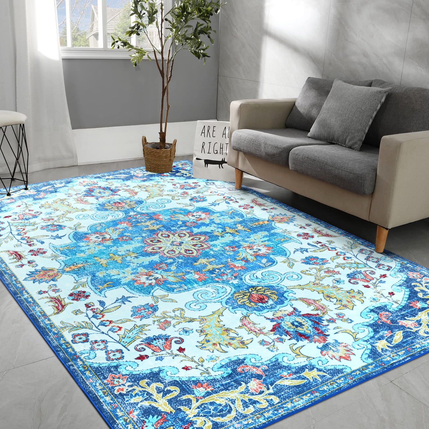 Jamfeel Soft Vintage Rugs Distressed Printed Area Rug Carpet for Living Room Bedroom Home Decor,4'x6',Blue