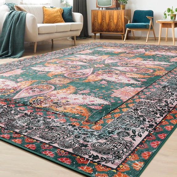 Jamfeel Vintage Rugs Soft Accent Area Rug Low Pile Carpet for Bedroom Living Room Home Decor,5'x8',Green