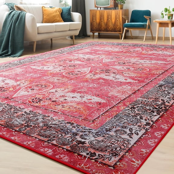 Jamfeel Vintage Rugs Soft Accent Area Rug Low Pile Carpet for Bedroom Living Room Home Decor,5'x8',Red