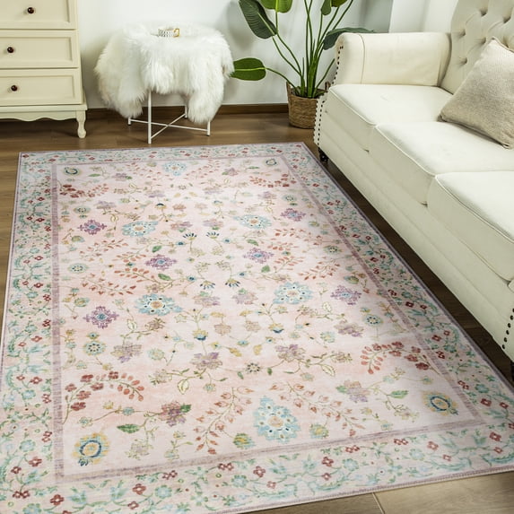Jamfeel Vintage Rugs Soft Floral Area Rug Boho Carpet for Living Room Bedroom Home Decor,4'x6',Light Pink