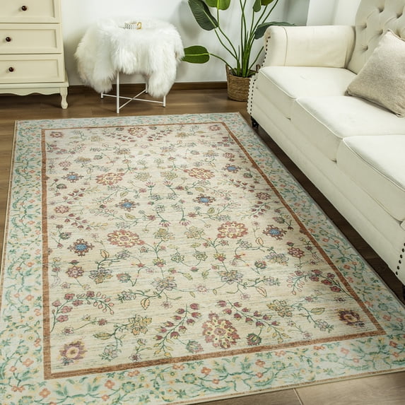 Jamfeel Vintage Rugs Soft Floral Area Rug Boho Carpet for Living Room Bedroom Home Decor,4'x6',Light Yellow