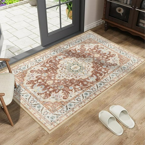 Jamfeel Washable Area Rug 2x3 Low Pile Entryway Rug Vintage Floral Print Carpet for Kitchen Bedroom, Gold