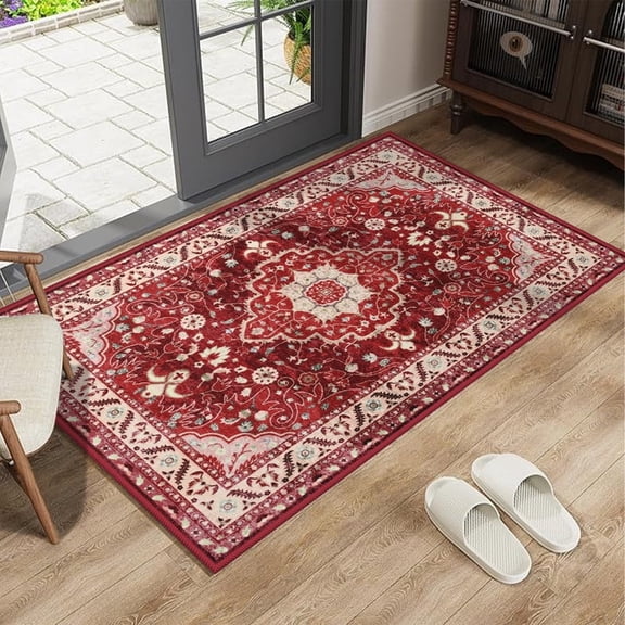 Jamfeel Washable Area Rug 2x3 Low Pile Entryway Rug Vintage Floral Print Carpet for Kitchen Bedroom, Red