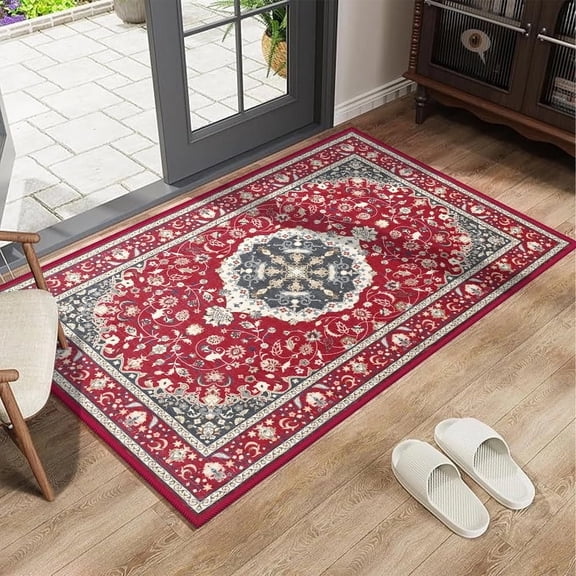 Jamfeel Washable Area Rugs 2x3 Door Mat Entryway Vintage Floral Low Pile Rug Entrance Carpet for Living Room Kitchen, Red